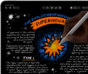 iPad Air displaying handwritten notes and drawings in the Notes app, hand using Apple Pencil Pro to draw
